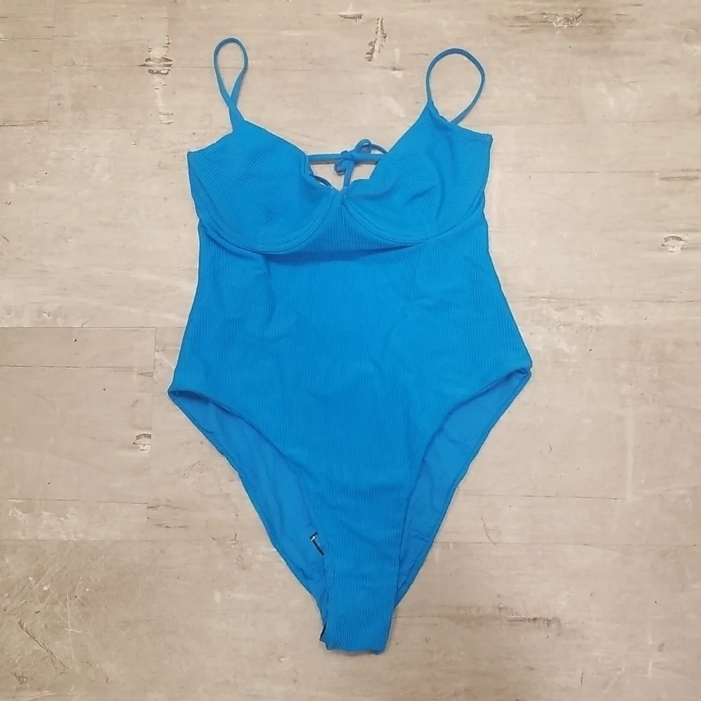 💕FRANKIE'S BIKINIS💕 Marie Ribbed Underwire Swimsuit ~ Ocean Blue Large L NWT